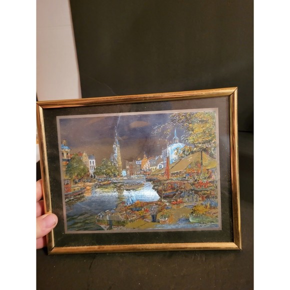 Vintage Oil Foil Paintings Set of 4 Signed "Bert Pugh"  Framed Street Scenes - Picture 5 of 12